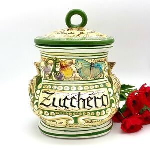 Italian Pottery Sugar Canister Zucchero With Lid Hand Painted Butterfly